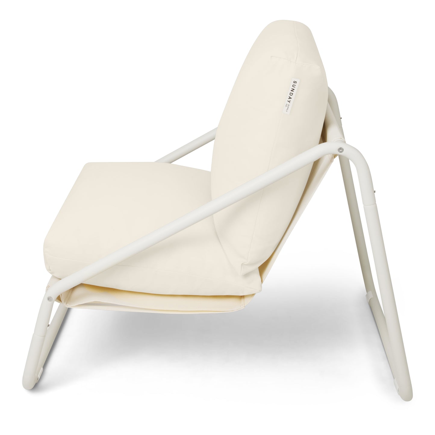 Modern chair with white frame and beige cushion on a white background