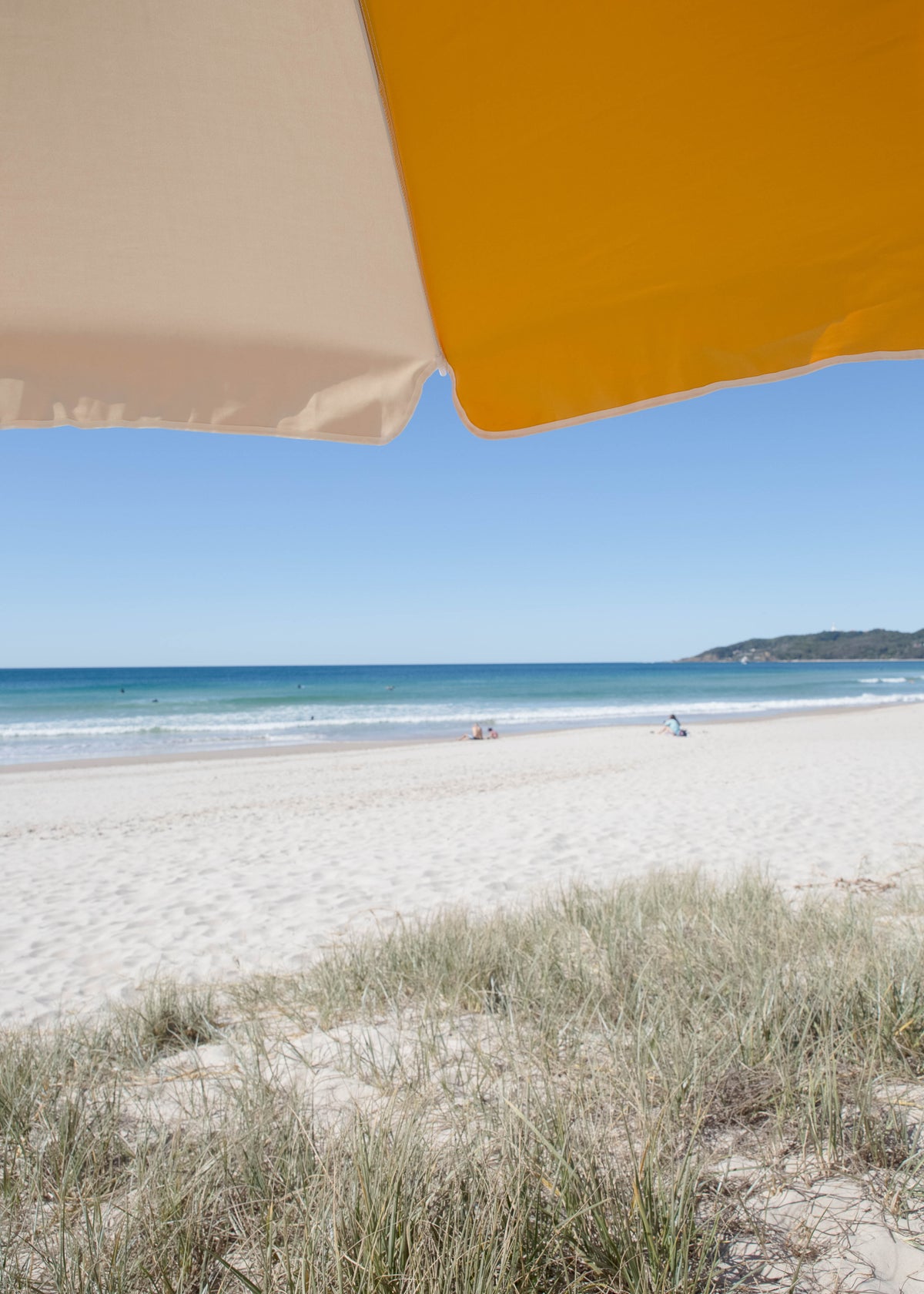 Golden Splice Beach Umbrella canopy above dune grass and blue ocean